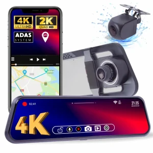 Kamera samochodowa 4K + 2K wideorejestrator GPS wifi 10" w lusterku z kamerą cofania przód tył H15